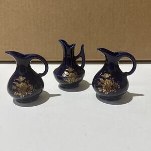 Vintage Set of 3 Cobalt Blue Mini Pitchers 3.5” Gold Floral Design Ceramic